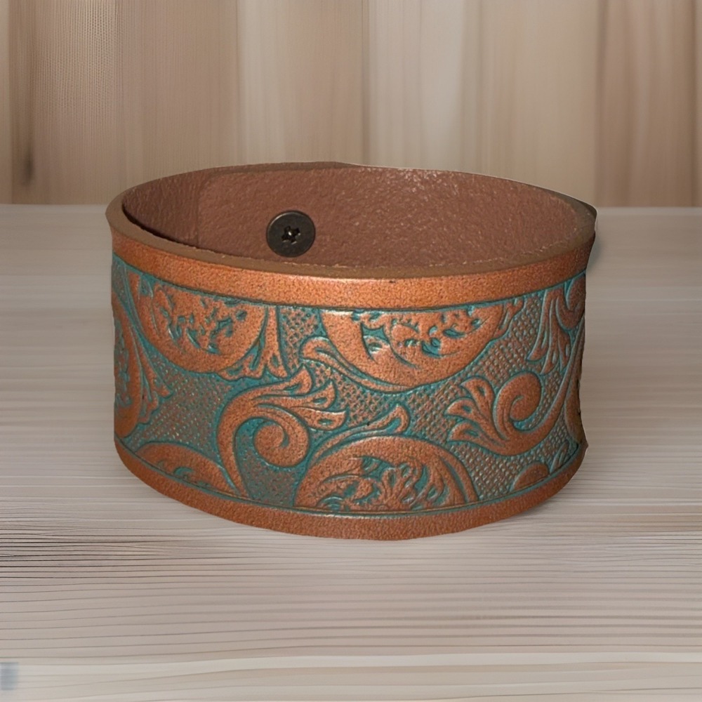 Justin Tooled‎ Leather Cuff Bracelet Saddle Brown Turquoise Patina NEW 4629